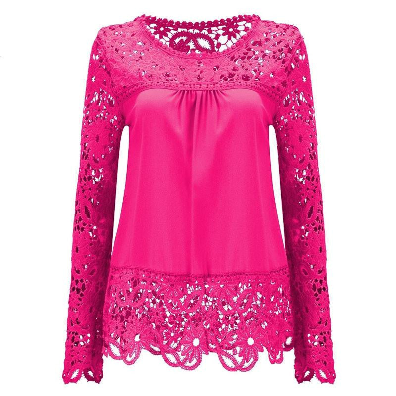 Women Chiffon Blouses Shirts Long Sleeve Tops Lace Blouses Hollow out Crochet Fashion Plus size LY154