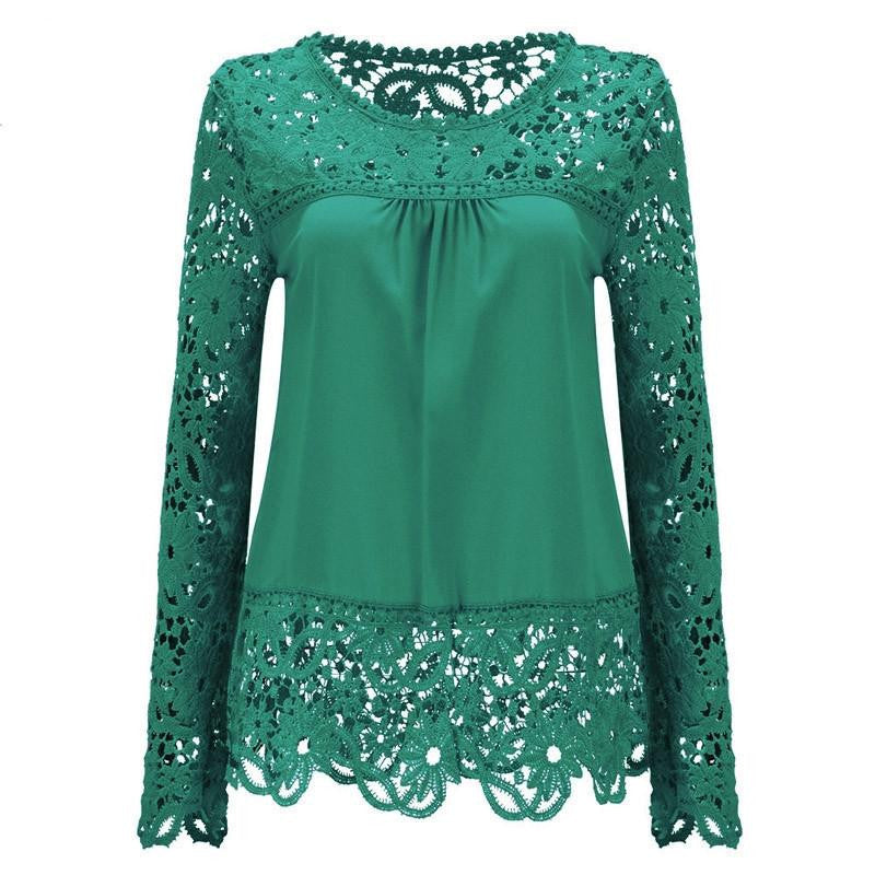 Women Chiffon Blouses Shirts Long Sleeve Tops Lace Blouses Hollow out Crochet Fashion Plus size LY154