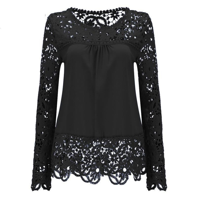 Women Chiffon Blouses Shirts Long Sleeve Tops Lace Blouses Hollow out Crochet Fashion Plus size LY154
