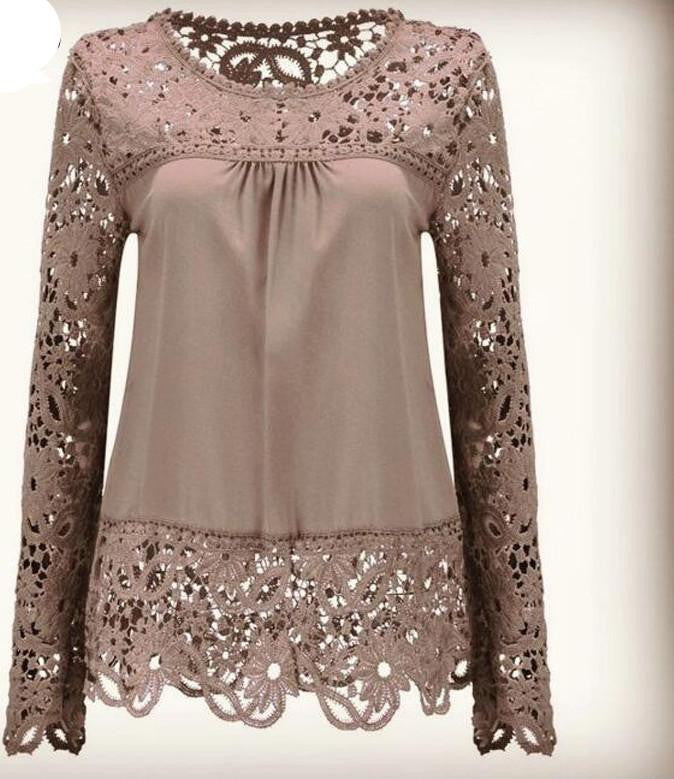 Women Chiffon Blouses Shirts Long Sleeve Tops Lace Blouses Hollow out Crochet Fashion Plus size LY154