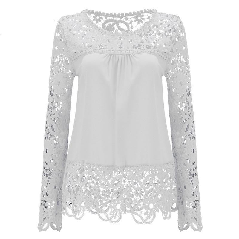 Women Chiffon Blouses Shirts Long Sleeve Tops Lace Blouses Hollow out Crochet Fashion Plus size LY154