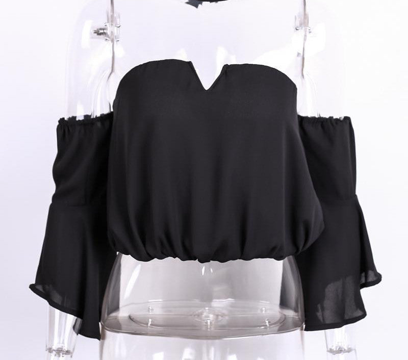 Fashion bustier chiffon white crop tops flare sleeve v neck party women tops halter backless tops