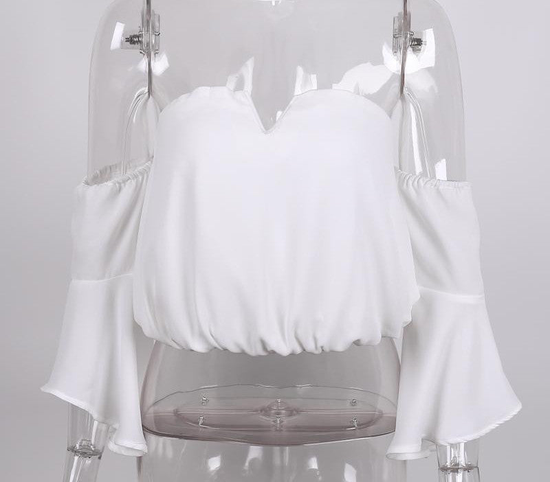 Fashion bustier chiffon white crop tops flare sleeve v neck party women tops halter backless tops