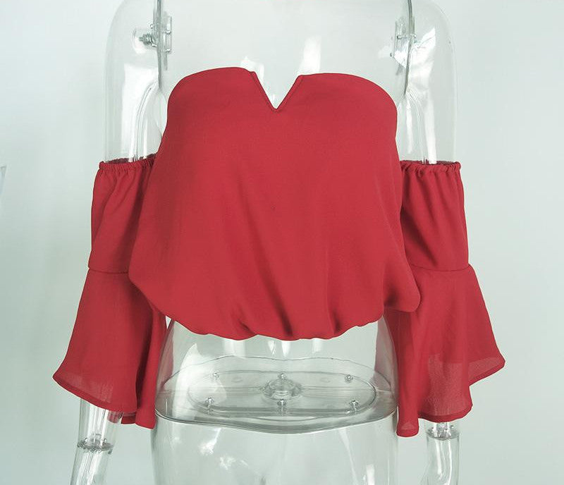 Fashion bustier chiffon white crop tops flare sleeve v neck party women tops halter backless tops