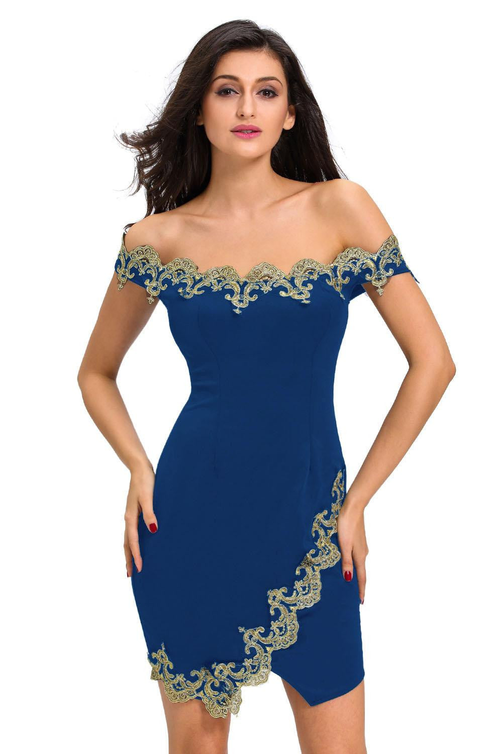 Online discount shop Australia - elegant novelty Design Sexy Party Robes Gold Lace Applique Black Off Shoulder Mini Dress