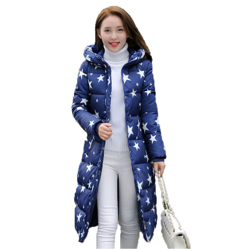 Online discount shop Australia - Fashion  Cotton Padded Jacket Women Slim Thick Stars Print Female Coat Parka Warm Long Jackets Ladies Overcoat