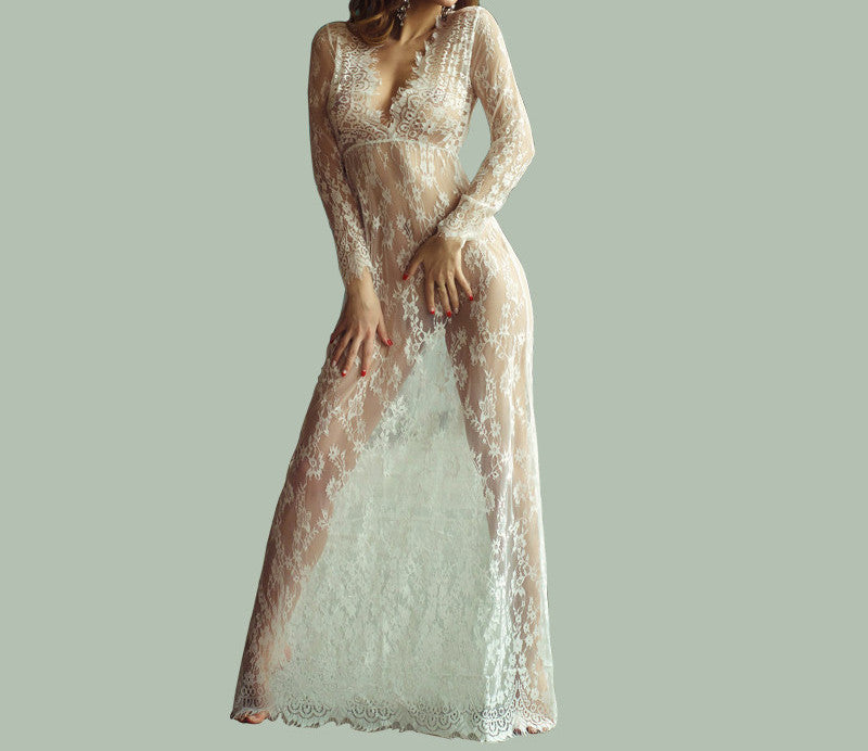 Online discount shop Australia - Maxi Plus Size Women Floor-Length Black White Autumn Lace Dress Adjust Waist Sexy See Through Floral Vestido DR5046