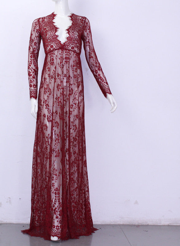 Online discount shop Australia - Maxi Plus Size Women Floor-Length Black White Autumn Lace Dress Adjust Waist Sexy See Through Floral Vestido DR5046