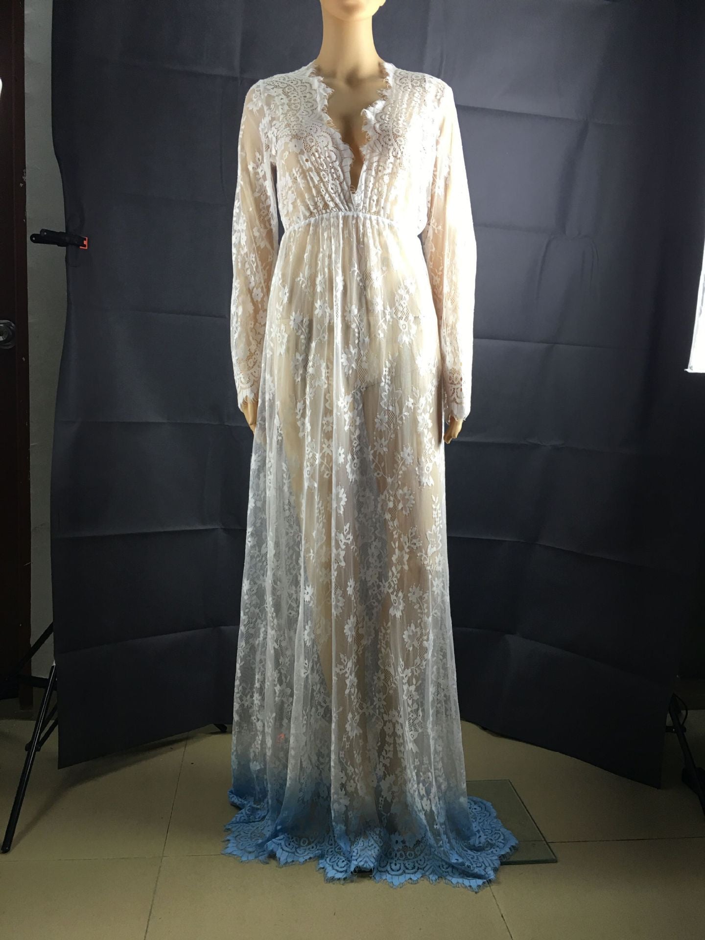 Online discount shop Australia - Maxi Plus Size Women Floor-Length Black White Autumn Lace Dress Adjust Waist Sexy See Through Floral Vestido DR5046