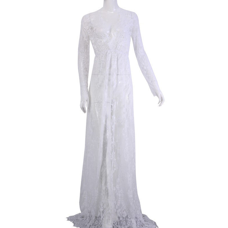 Online discount shop Australia - Maxi Plus Size Women Floor-Length Black White Autumn Lace Dress Adjust Waist Sexy See Through Floral Vestido DR5046