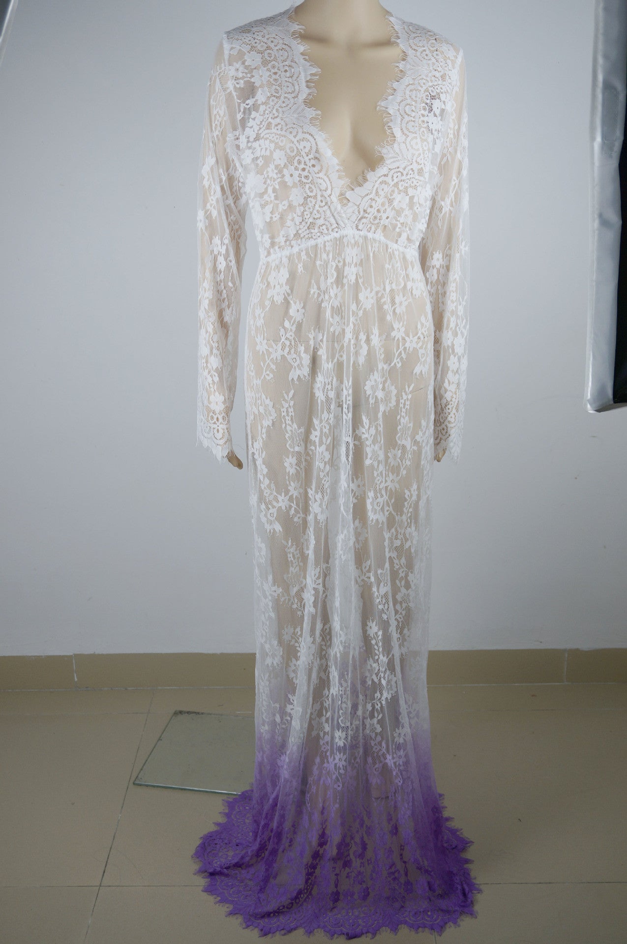 Online discount shop Australia - Maxi Plus Size Women Floor-Length Black White Autumn Lace Dress Adjust Waist Sexy See Through Floral Vestido DR5046