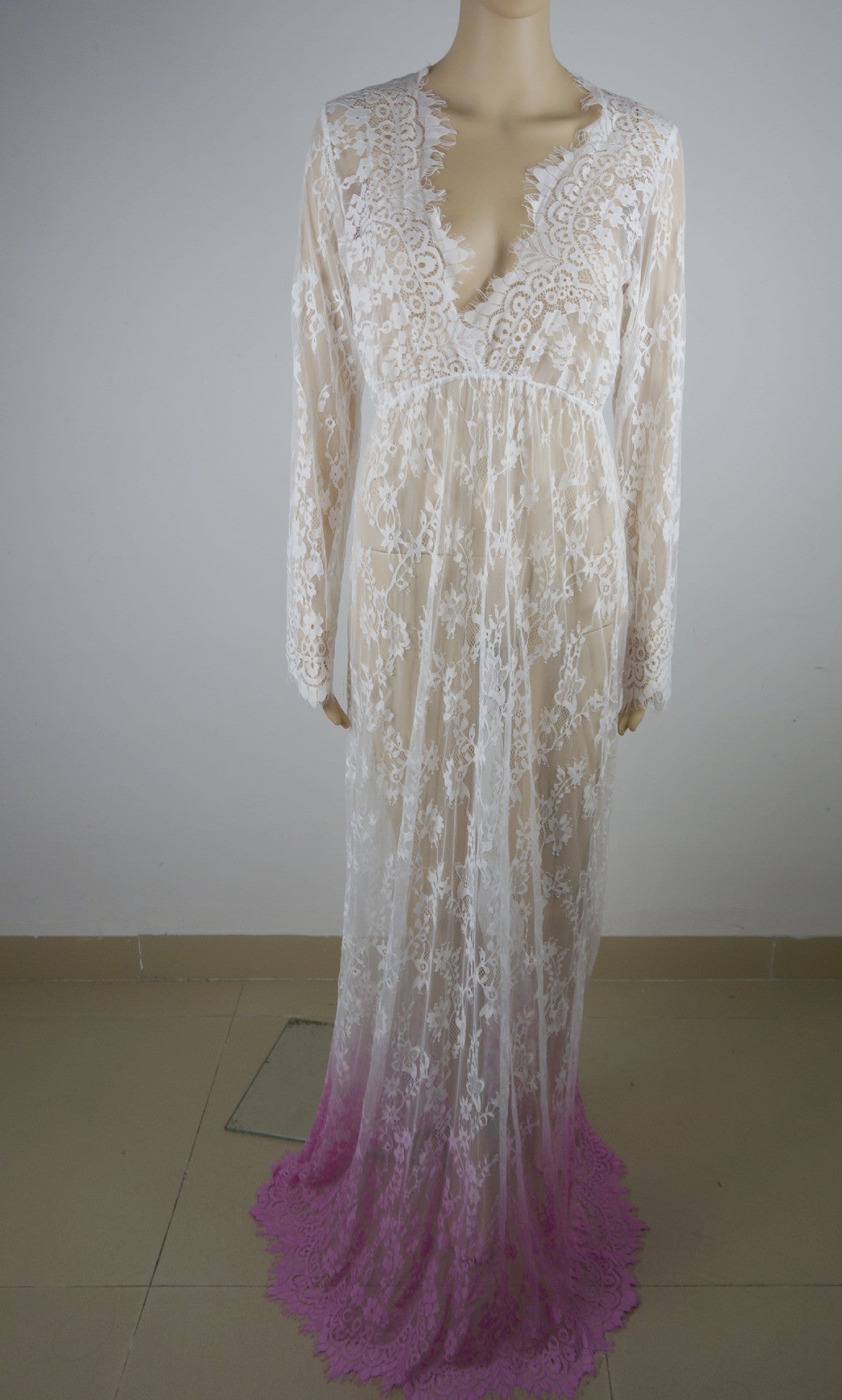 Online discount shop Australia - Maxi Plus Size Women Floor-Length Black White Autumn Lace Dress Adjust Waist Sexy See Through Floral Vestido DR5046