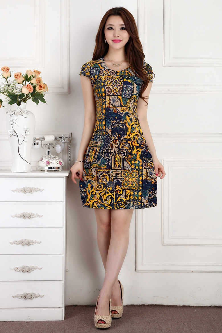 Women Slim Tunic Milk Silk print Floral dress Casual style Plus Size sexy bodycon sundress