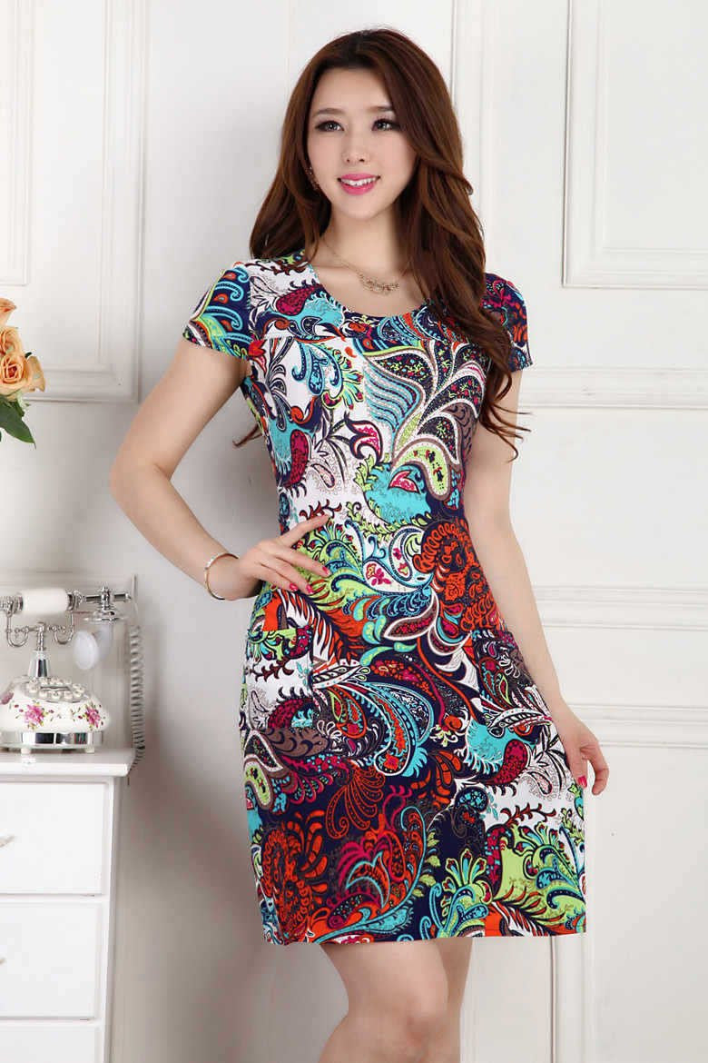 Women Slim Tunic Milk Silk print Floral dress Casual style Plus Size sexy bodycon sundress