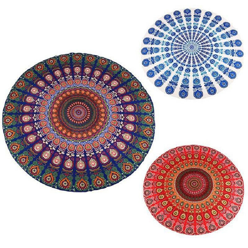 Tapestry Peacock Printed Beach Towel Mat Sunblock Round Bikini Cover-Up Blanket Throw