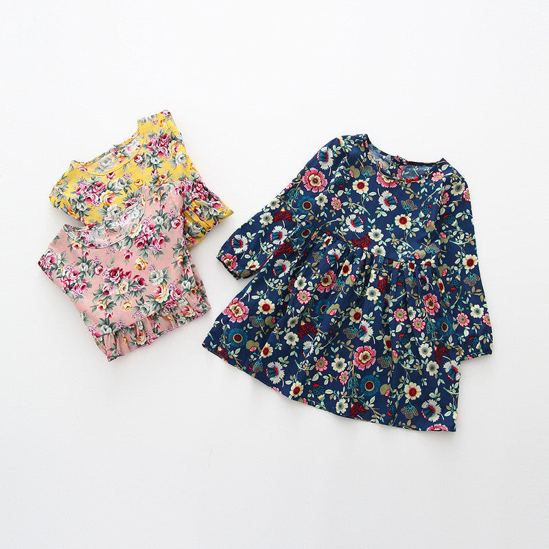 Online discount shop Australia - Floral Girls Dress Fashion Kids Clothes Girls Full Sleeve Cotton Dress Button Navy Dress for Kids Chidren Dress