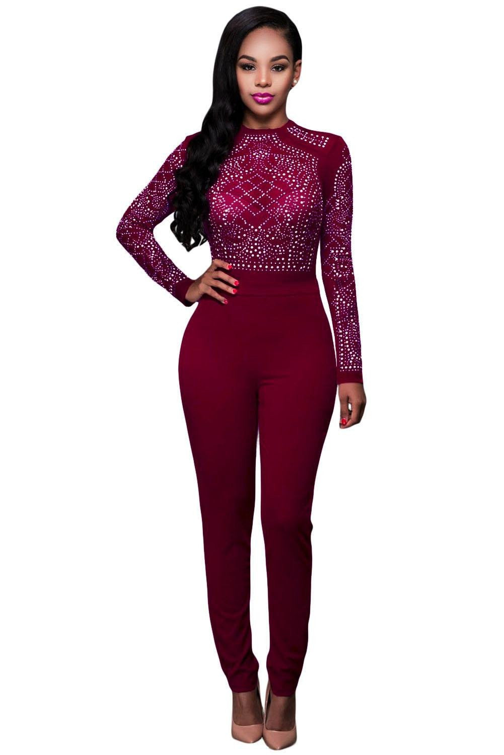 Women Full Length Solid Black Long Sleeves Rhinestone Mesh Bodice Formfitting Jumpsuit long