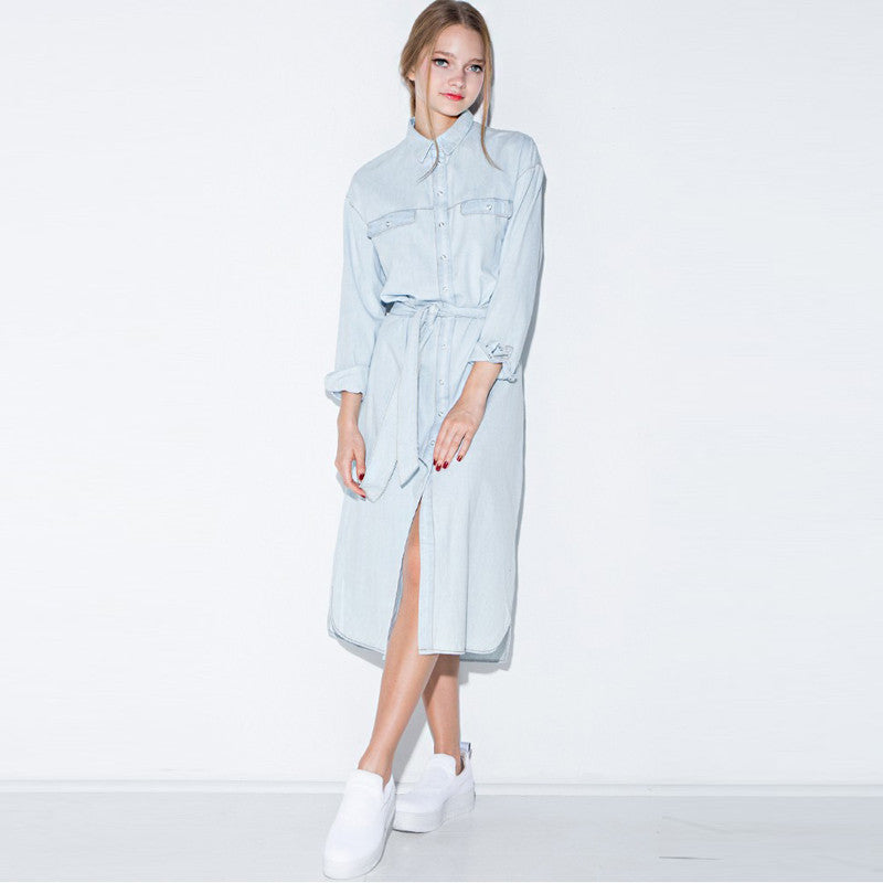 Online discount shop Australia - Fashion Women Blue Solid Denim Vestidos Retro Dress Single Breasted Dress Front Belt Casual Loose Shirt Dress