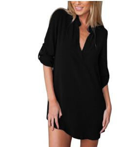 Solid Wild Female Deep V-Neck Chiffon Loose Half Sleeved Shirt Female
