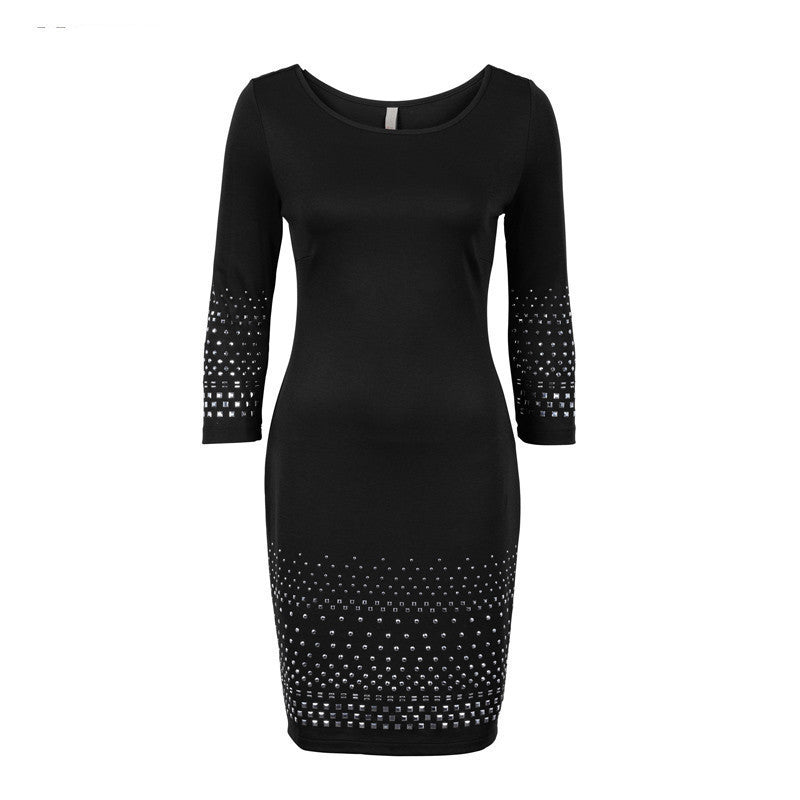 Online discount shop Australia - Kaige.Nina New women's Vestidos Pure Color Style 7 Minutes Of Sleeve Sequined Decoration Straight Knee-Length Autumn Dress 1621