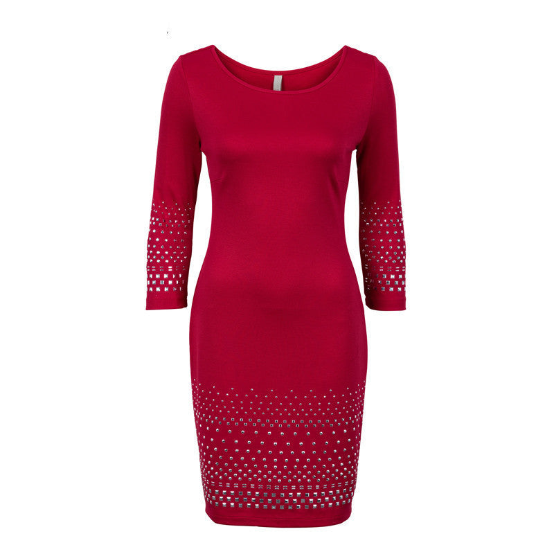 Online discount shop Australia - Kaige.Nina New women's Vestidos Pure Color Style 7 Minutes Of Sleeve Sequined Decoration Straight Knee-Length Autumn Dress 1621