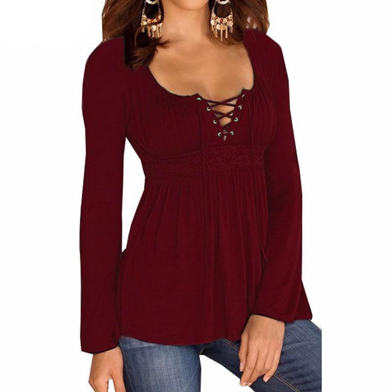 Blouse Tops V Neck Long Sleeve Lace Splice Solid Shirt Casual Plus Size Blouses Oversized Women