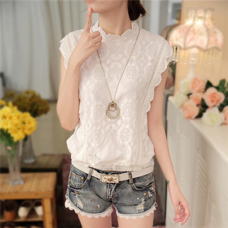 Online discount shop Australia - Korean new fashion  women tops sleeveless chiffon shirt lace blouse casual loose female slim shirt 57F 25