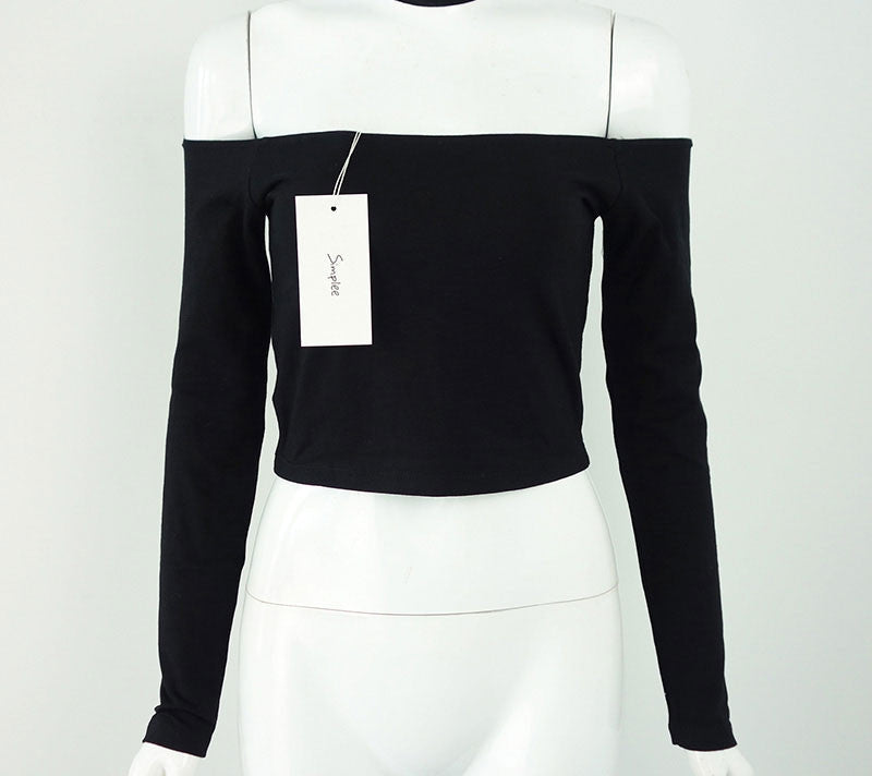 Online discount shop Australia - Girl t shirt sexy slash neck 90's crop top European style black t-shirt women tops  long sleeve halter female top