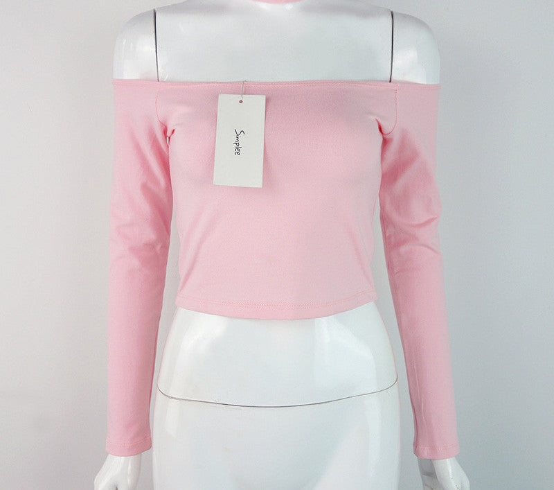 Online discount shop Australia - Girl t shirt sexy slash neck 90's crop top European style black t-shirt women tops  long sleeve halter female top