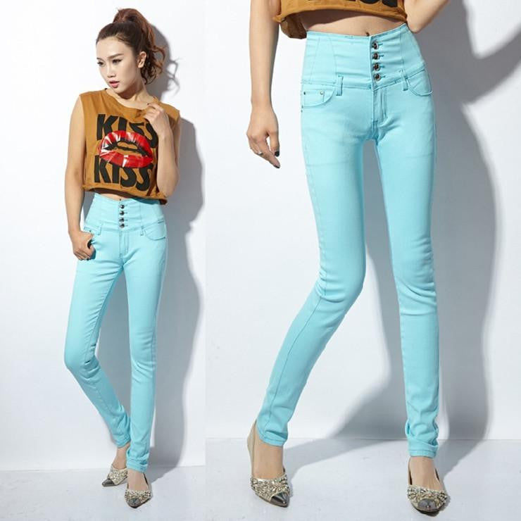 Women Jeans women candy color high waist women jeans breasted female elastic slim Denim pants women Trousers