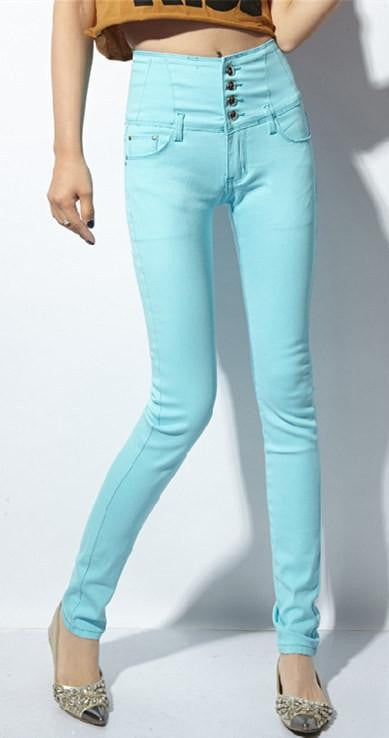 Women Jeans women candy color high waist women jeans breasted female elastic slim Denim pants women Trousers