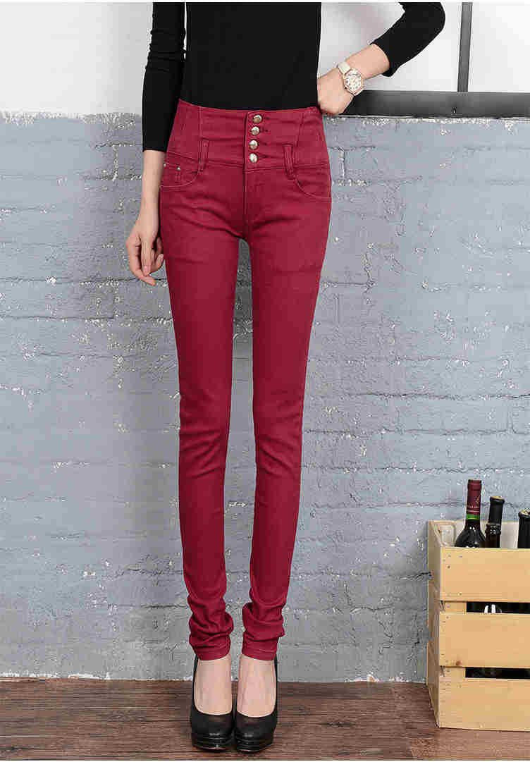 Women Jeans women candy color high waist women jeans breasted female elastic slim Denim pants women Trousers