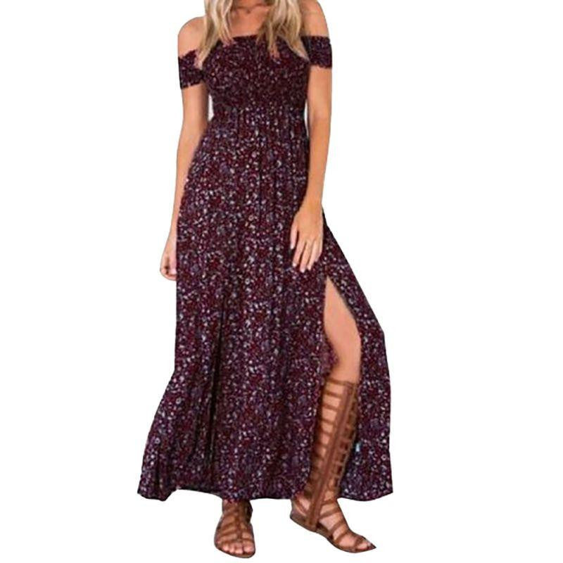Women's Vintage Dress Floral Print Off Shoulder Split Tube Long Party Maxi Dress Beach Dresses