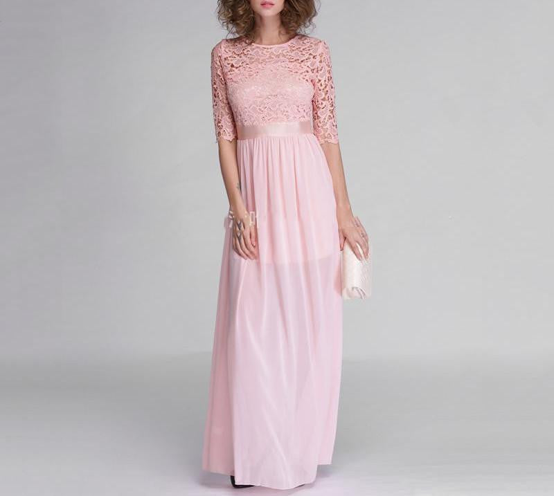 Women Elegant Lace Long Maxi Dresses Hollow Out Chiffon Half sleeve Evening Wedding Party Dress Plus size 3XL QZ609