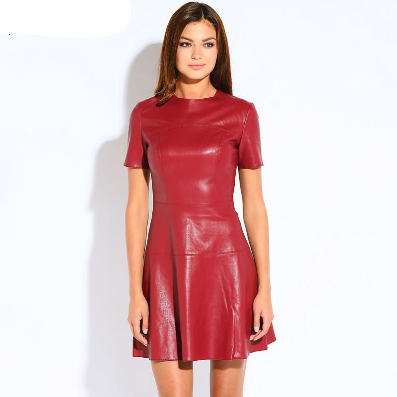 Women Fashion Leather Dress A-Line O-Neck Black Dress Casual Mini Dress Short Sleeve Autumn Vestidos PU Dress 2153