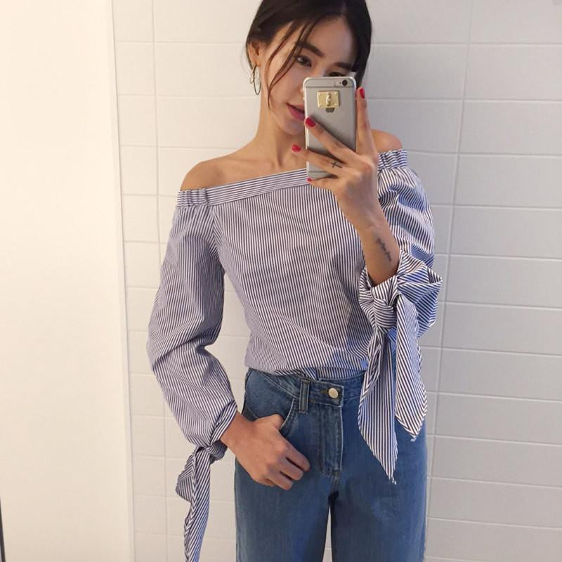 Women Off Shoulder Blouse Striped Slash Neck Long Sleeve Bow Casual Tops Shirts Ladies Loose Plus Size