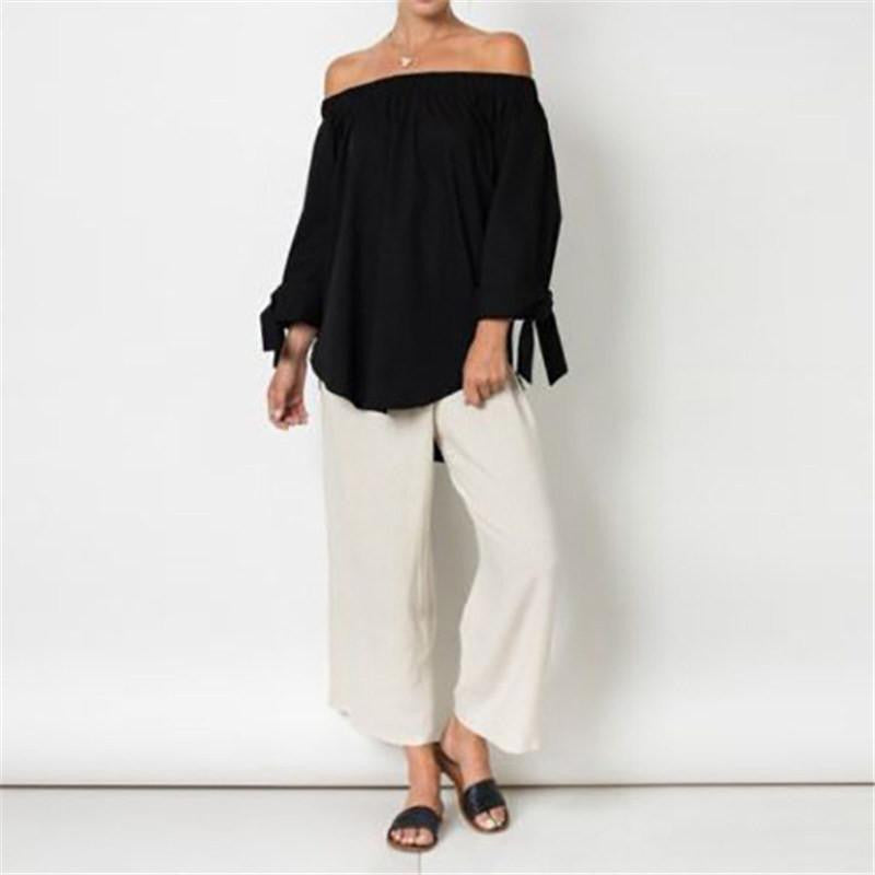 Women Off Shoulder Blouse Striped Slash Neck Long Sleeve Bow Casual Tops Shirts Ladies Loose Plus Size