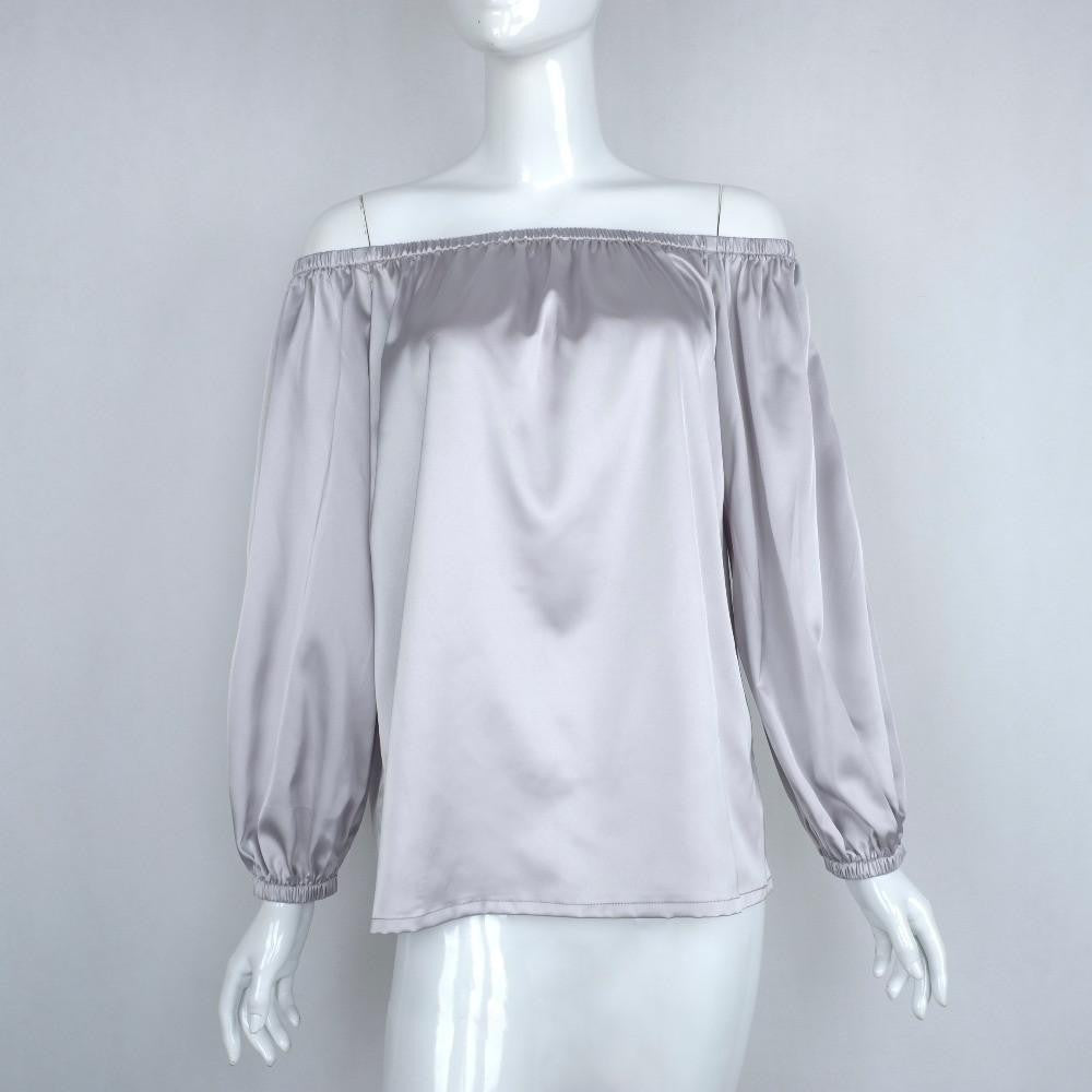 Off Shoulder Glossy Blouse Shirt Soft Satin Flare Sleeve Tops Elegant Party Women Blouses