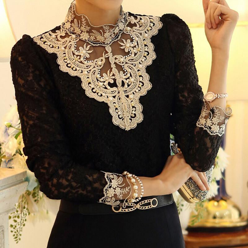 Women's Casual beading Long Sleeve Lace crochet Tops Shirt Blouse sheer turtleneck hollow out top