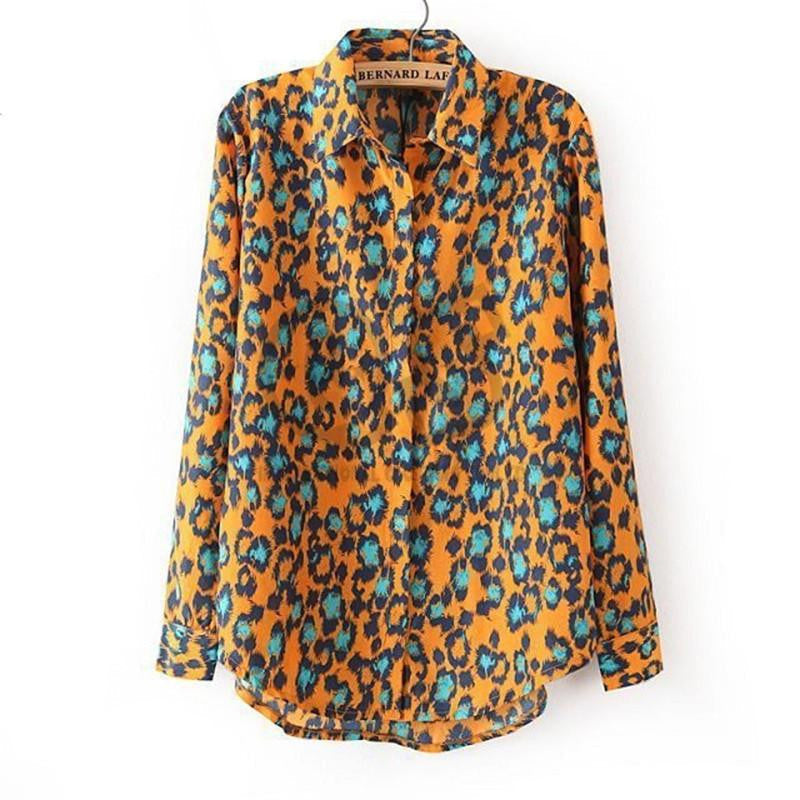 Women Print Blouse & Shirts turn down collar Long Sleeve Q238