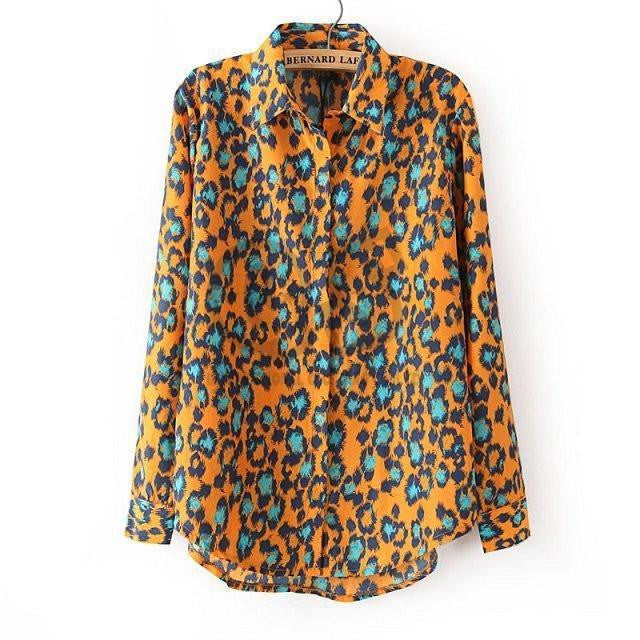 Women Print Blouse & Shirts turn down collar Long Sleeve Q238