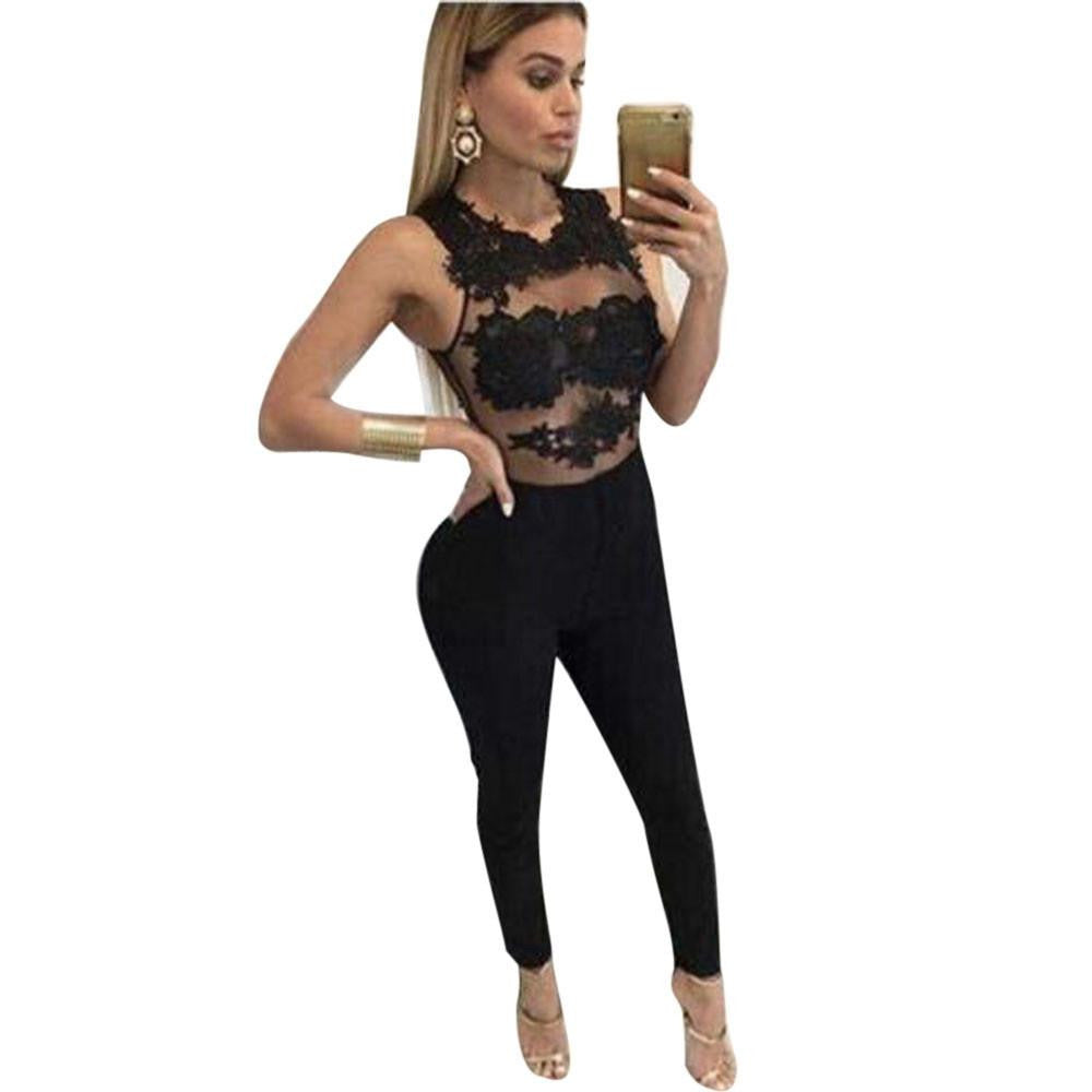 Women Jumpsuit Mesh Lace Floral Patchwork Striped Hollow Out Party Playsuit Long Jumpsuit