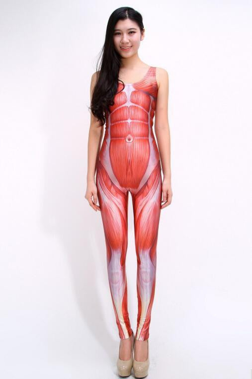 Women Clothes Muscle Print Sleeveless Tank Jumpsuit Slim Bodycon Overalls Full Length Bodysuit