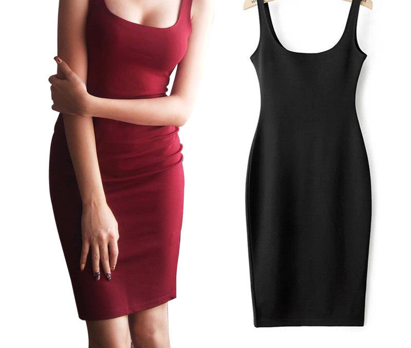 Online discount shop Australia - Autumn Women Dress Sleeveless Slim O-neck Solid Color Pencil Casual Tank Dress Size S M L Vestido De Verao QZ204R1