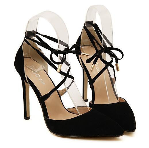 Style women's Lace Up high heels Pointed Toe Bandage Stiletto sandals celebrity ladies shoes Pumps Black 35-40