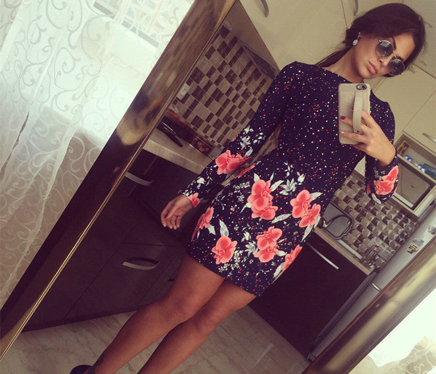 Online discount shop Australia - Autumn Dresses Colorful Print Flowers Black Women Office Dresses Party Mini Dress Vestidos Robes Sheath Ladies Vestidos