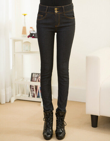 Women Jeans Warm Thicken Fleeces Two Button Pencil Pants Fashion Skinny Denim Trousers
