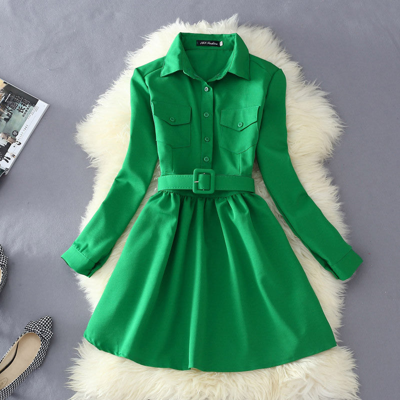 Online discount shop Australia - Autumn Dress For Women Fashion Solid Blouse Dress With Belt Female Long Sleeve Mini Dress Shirts Vestidos L8314