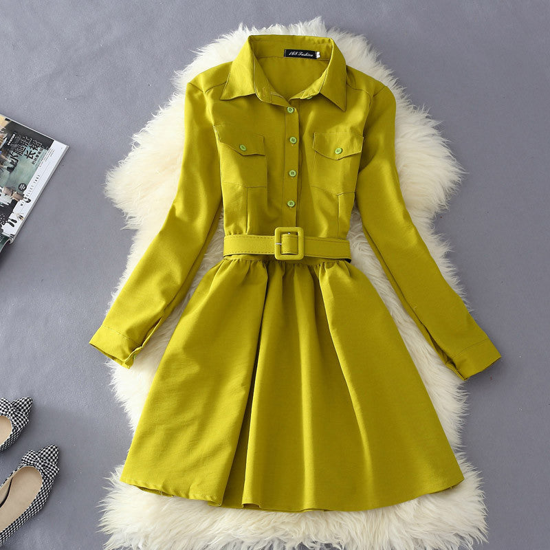 Online discount shop Australia - Autumn Dress For Women Fashion Solid Blouse Dress With Belt Female Long Sleeve Mini Dress Shirts Vestidos L8314