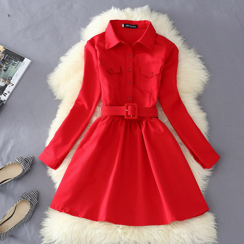 Online discount shop Australia - Autumn Dress For Women Fashion Solid Blouse Dress With Belt Female Long Sleeve Mini Dress Shirts Vestidos L8314